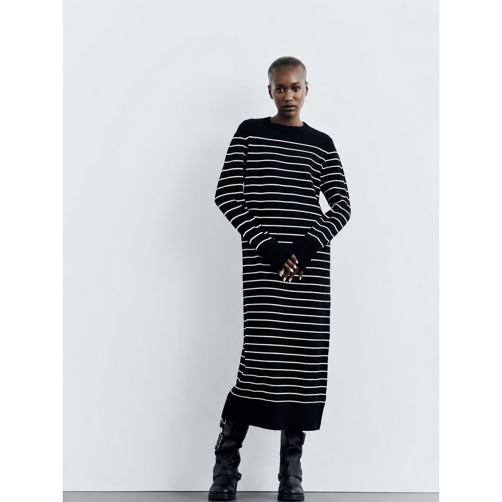 Zara Black White Striped Knit Maxi Sweater Dress Long Sleeve Oversized L Women
